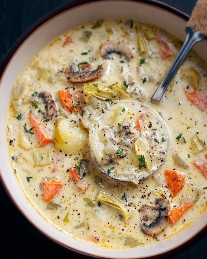 Bowl of creamy artichoke and vegetable soup garnished with herbs