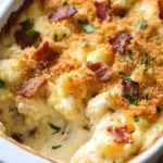 Creamy baked cauliflower topped with crispy bacon and melted cheddar cheese