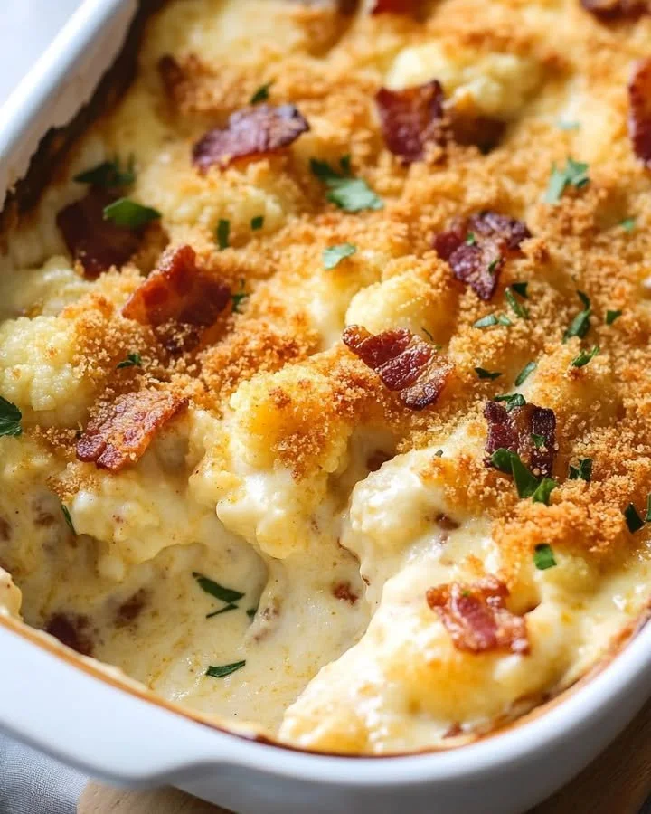 Creamy baked cauliflower topped with crispy bacon and melted cheddar cheese