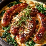 Creamy bean spinach chicken sausage skillet in a pan with fresh ingredients