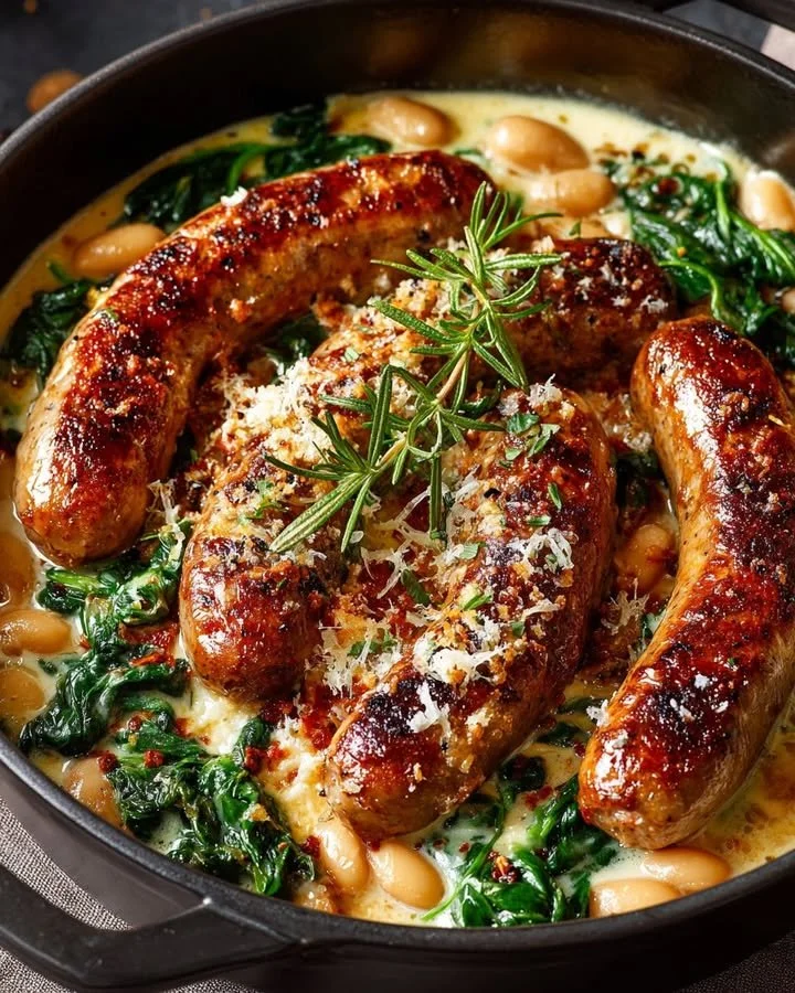 Creamy bean spinach chicken sausage skillet in a pan with fresh ingredients