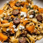 Creamy butternut squash and sausage pasta served in a bowl