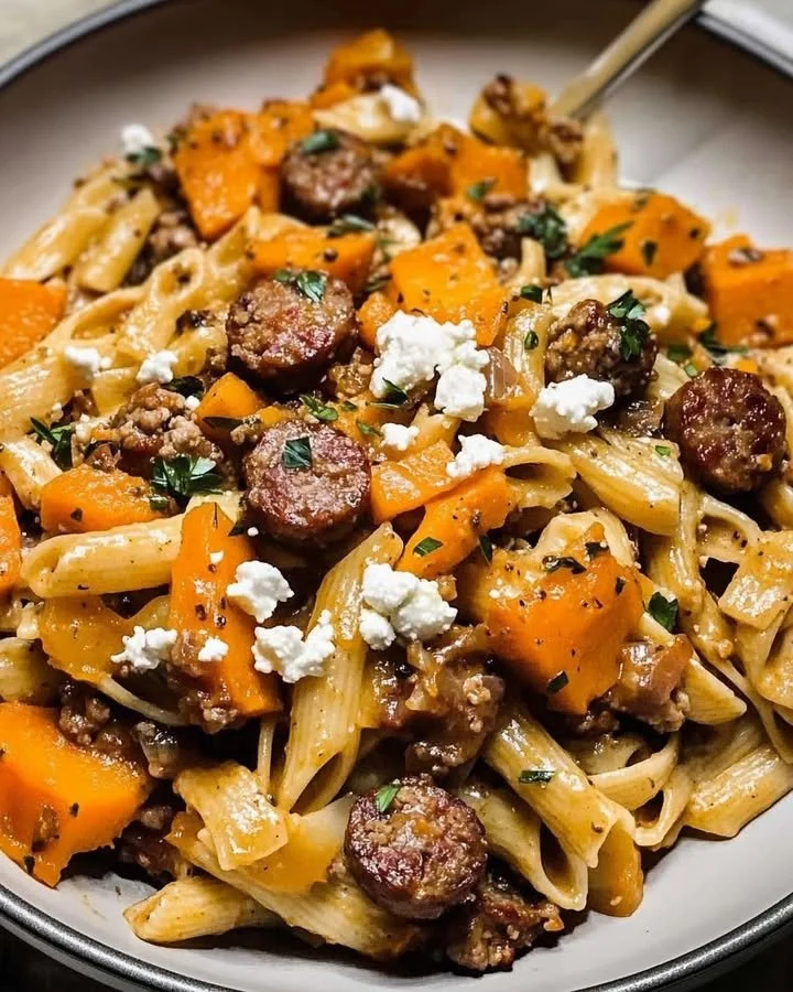 Creamy butternut squash and sausage pasta served in a bowl