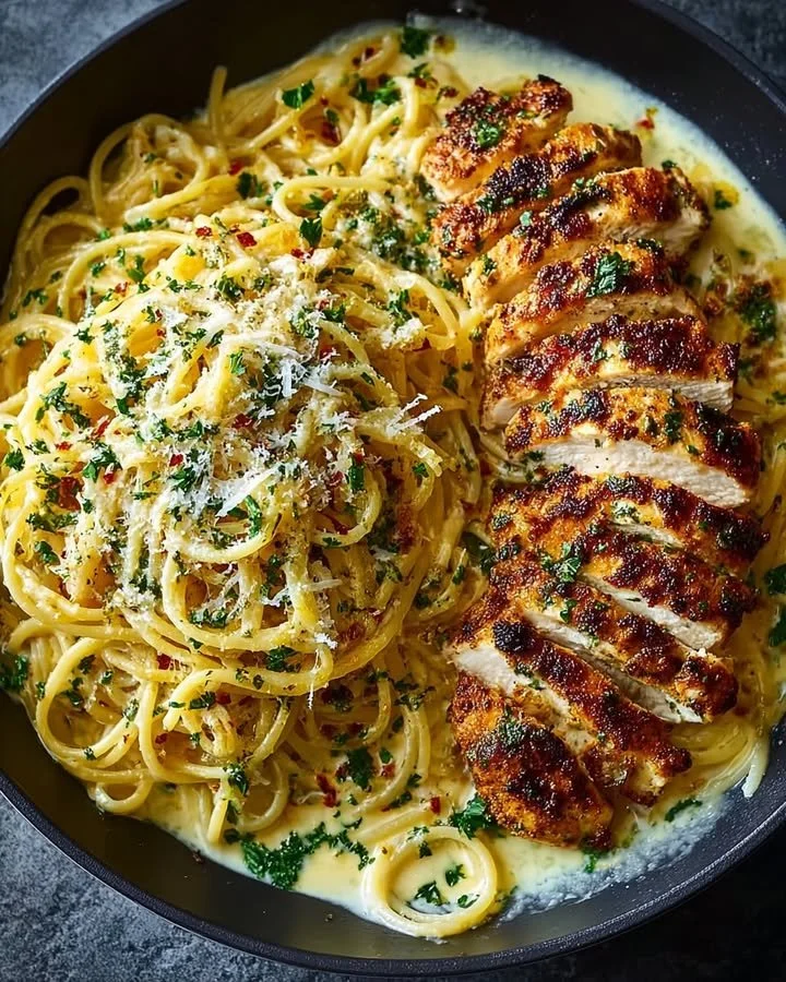 Delicious creamy Cajun chicken spaghetti served with fresh herbs and spices