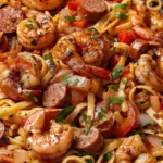 Creamy Cajun shrimp and sausage pasta garnished with fresh herbs