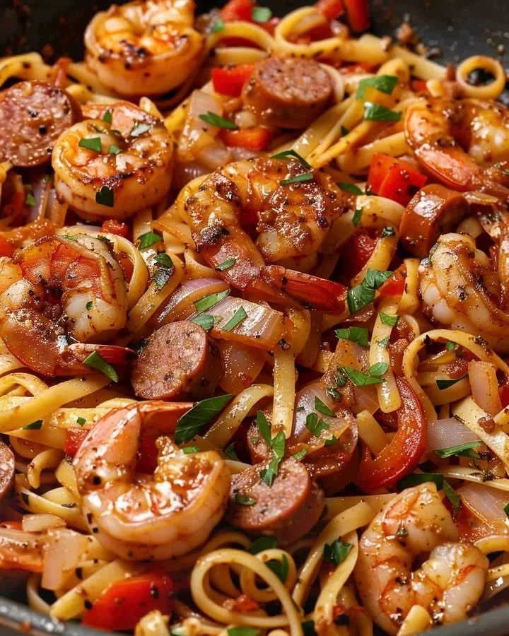 Creamy Cajun shrimp and sausage pasta garnished with fresh herbs