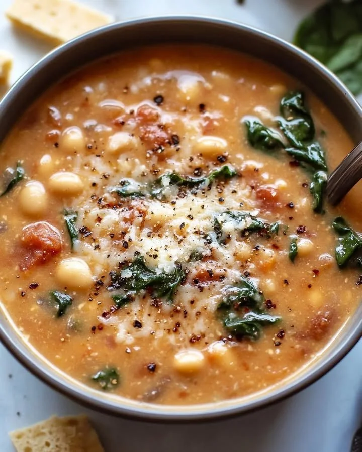 Creamy Cannellini Bean and Spinach Soup in a bowl with fresh herbs