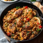 Creamy cashew chicken orzo dish with vibrant ingredients