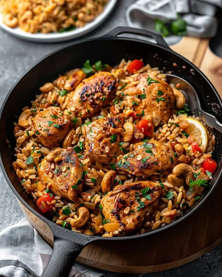 Creamy cashew chicken orzo dish with vibrant ingredients