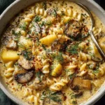 Creamy celery potato mushroom soup served with pasta in a bowl