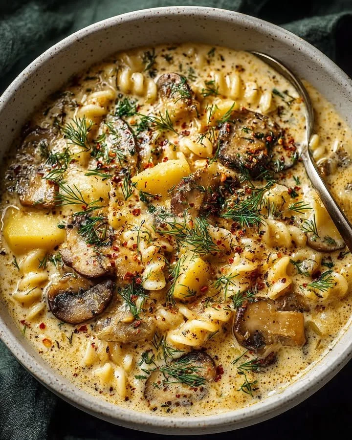 Creamy celery potato mushroom soup served with pasta in a bowl