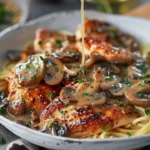 Delicious creamy chicken dish with herbs and spices on a plate