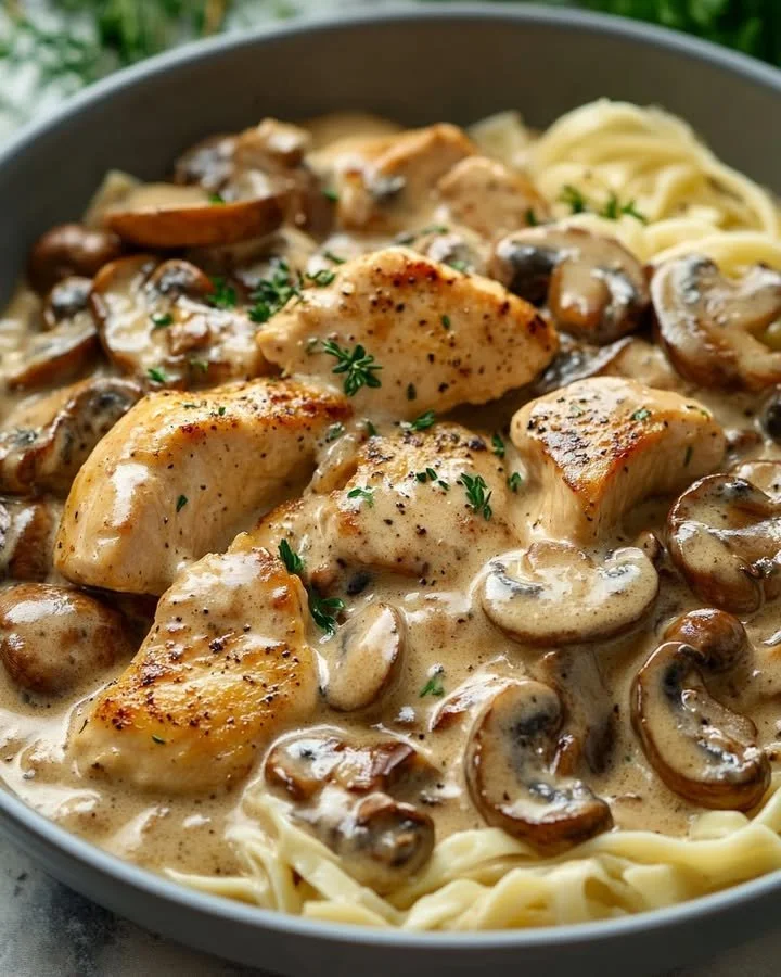 Creamy Chicken and Mushroom Skillet served in a pan