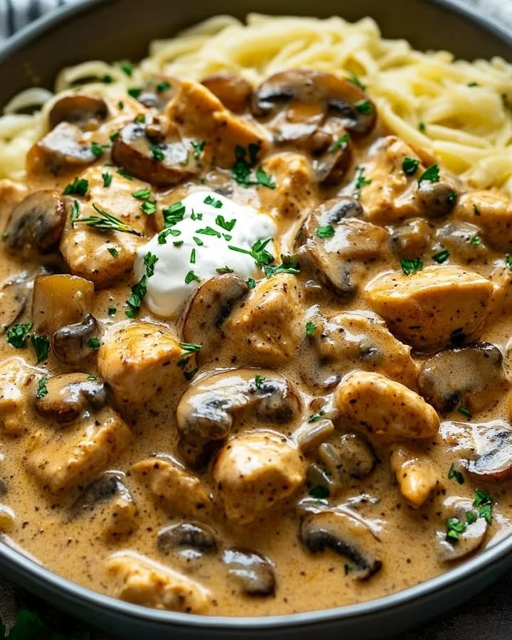 Creamy chicken and mushroom skillet dish with fresh herbs and spices