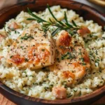 Creamy chicken and rice dish served in a bowl with herbs and spices.