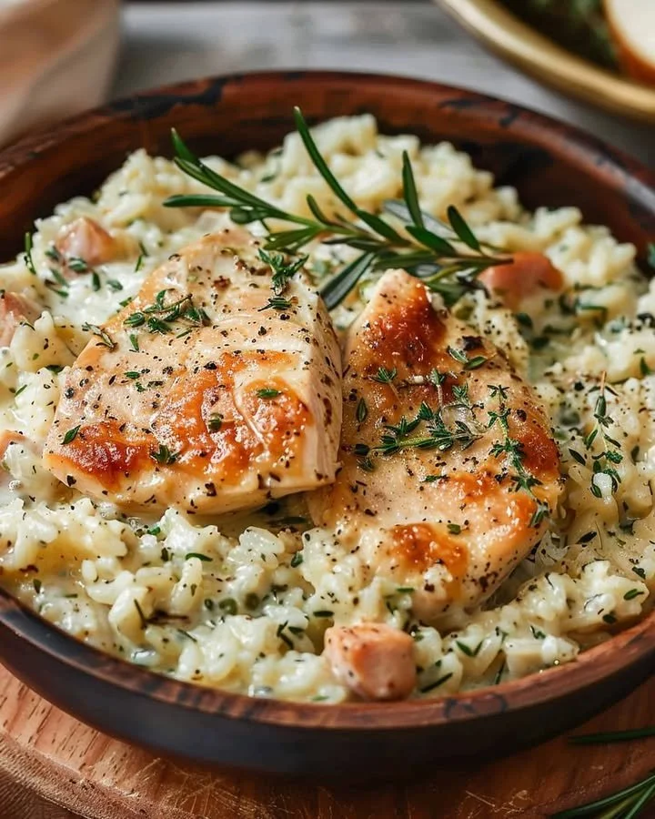 Creamy chicken and rice dish served in a bowl with herbs and spices.