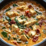 Creamy chicken soup with spinach and sun-dried tomatoes in a bowl