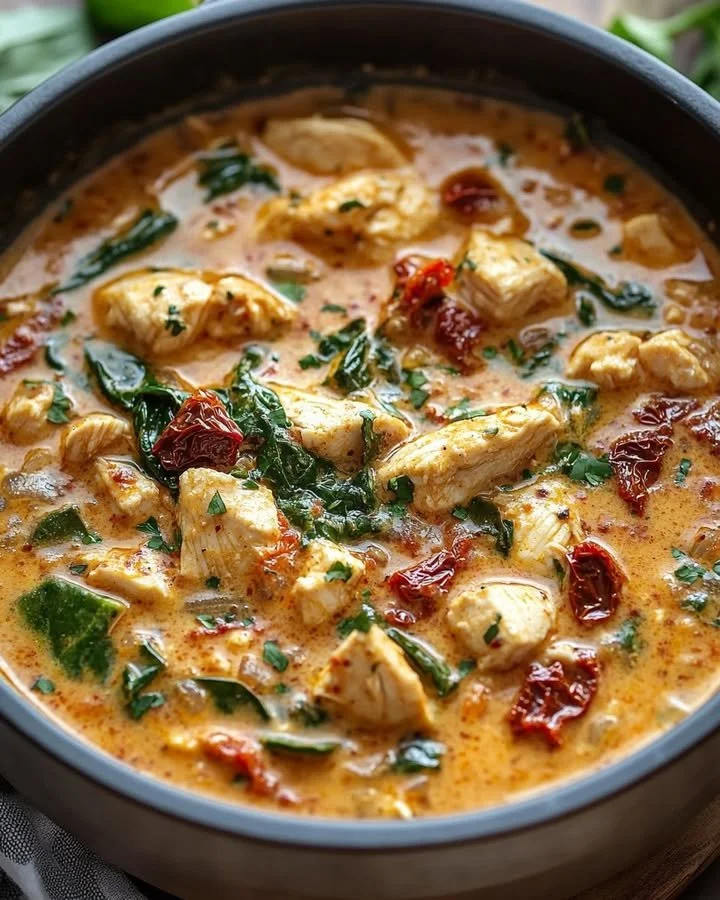Creamy chicken soup with spinach and sun-dried tomatoes in a bowl