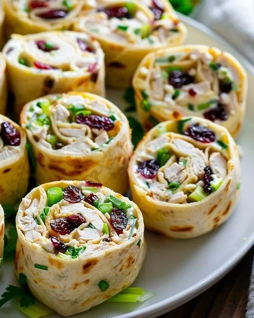 Creamy chicken cranberry pecan pinwheels served on a platter