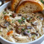 Bowl of creamy chicken mushroom wild rice soup garnished with herbs.