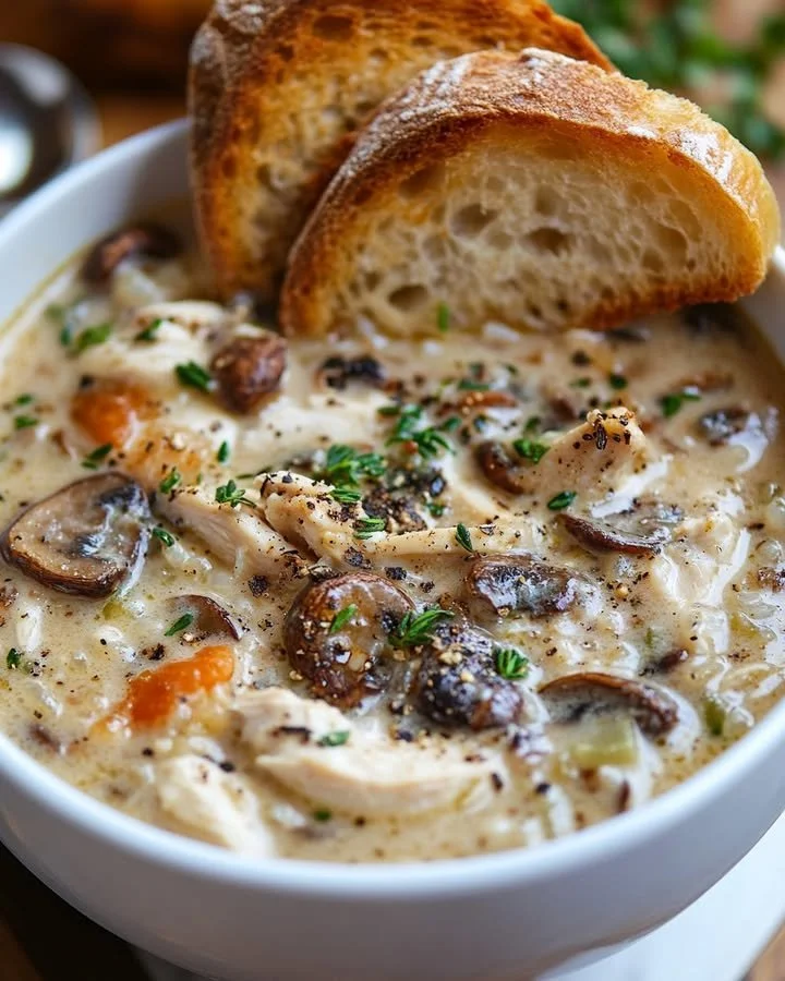 Bowl of creamy chicken mushroom wild rice soup garnished with herbs.