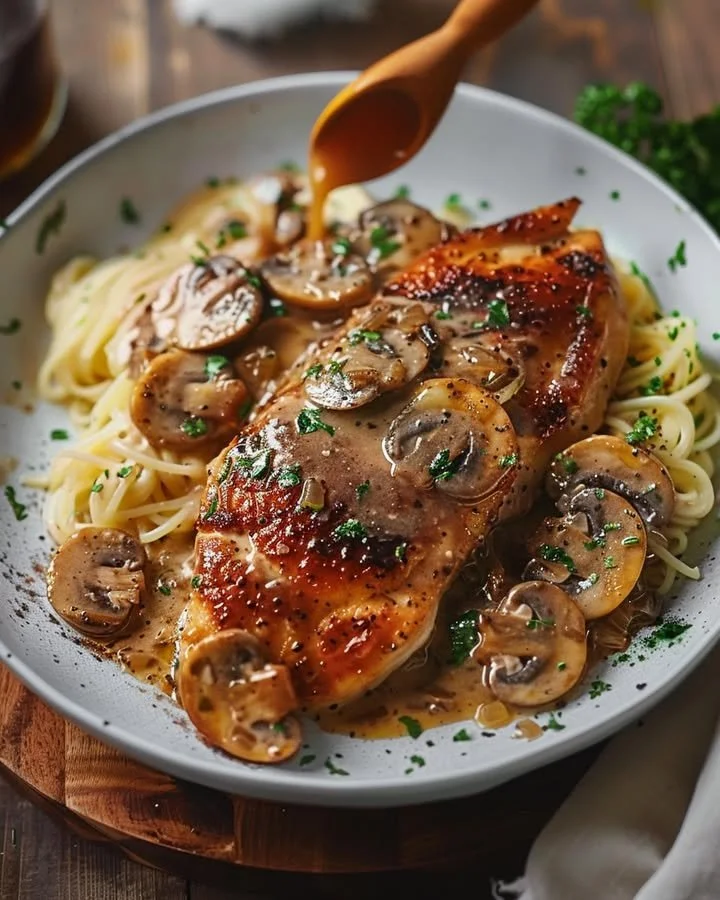 Creamy chicken pasta served in a bowl with fresh herbs