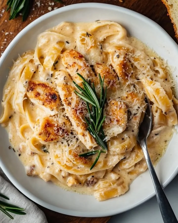 Creamy chicken pasta dish topped with rosemary and parmesan cheese