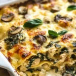 Creamy chicken spinach lasagna featuring layers of pasta, chicken, and spinach.