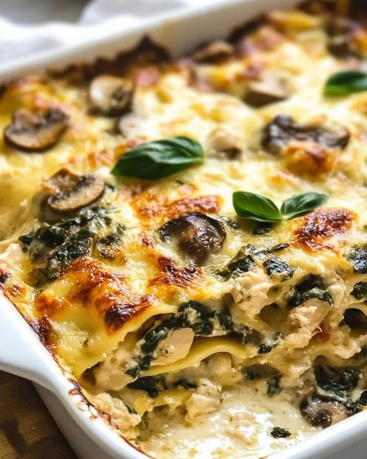 Creamy chicken spinach lasagna featuring layers of pasta, chicken, and spinach.