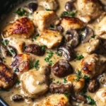 Creamy chicken with mushrooms and Dijon sauce served on a plate