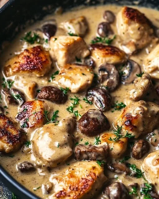 Creamy chicken with mushrooms and Dijon sauce served in a bowl