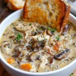 Bowl of creamy chicken mushroom wild rice soup garnished with herbs