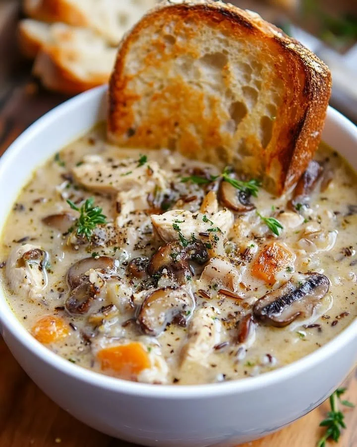 Bowl of creamy chicken mushroom wild rice soup garnished with herbs