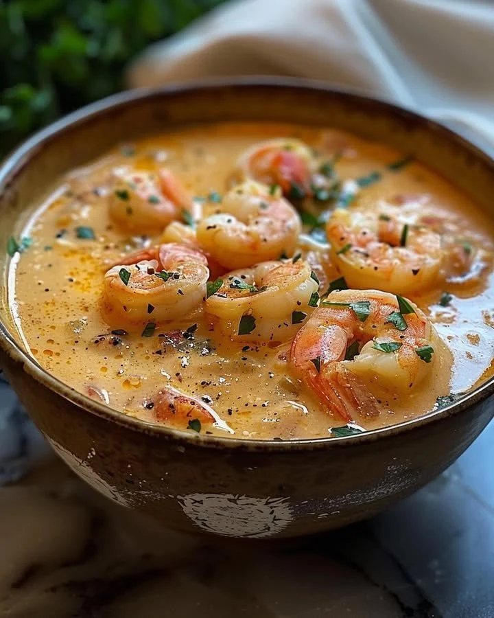 Creamy crab and shrimp seafood bisque served in a bowl with fresh herbs.