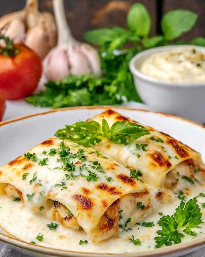 Creamy white chicken enchiladas served with garnishes