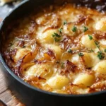 Creamy French Onion Gnocchi Bake with melted cheese and crispy onions