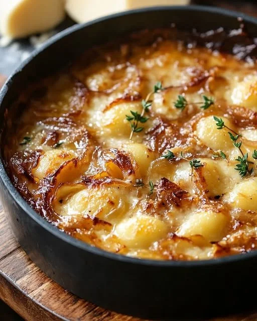 Creamy French Onion Gnocchi Bake with melted cheese and crispy onions