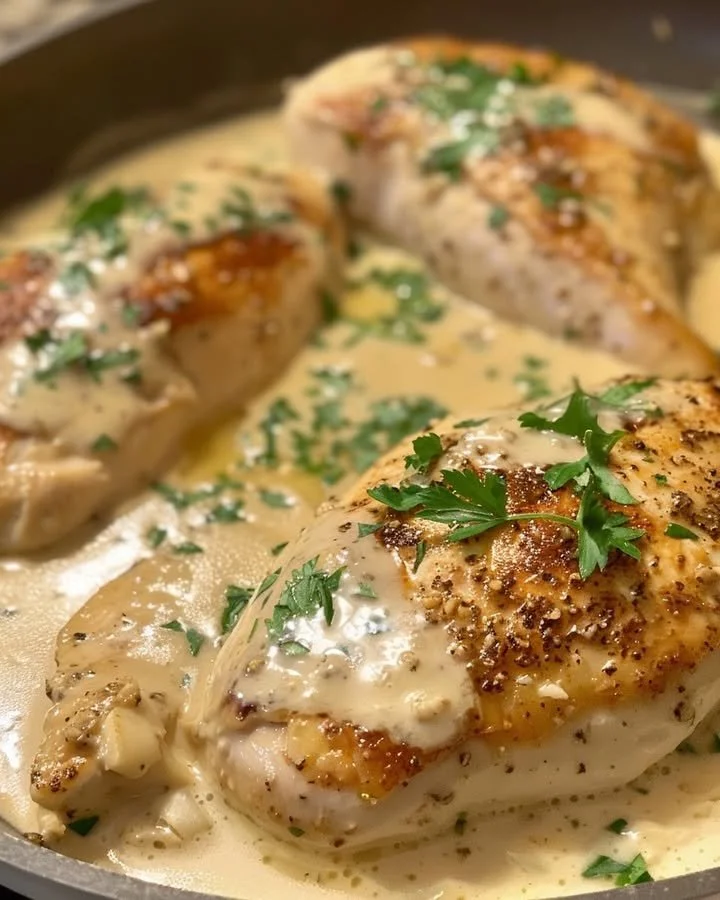Creamy garlic parmesan chicken served with herbs and side vegetables.