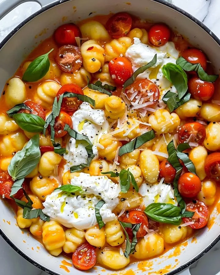 Creamy gnocchi with burst cherry tomatoes and burrata cheese