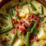 Creamy green bean and potato soup served in a bowl with fresh herbs.