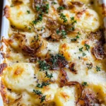 Creamy Gruyère and caramelized onion scalloped potatoes in a baking dish