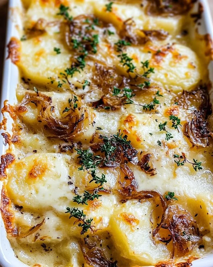 Creamy Gruyère and caramelized onion scalloped potatoes in a baking dish