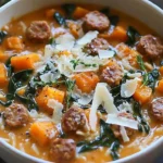 Creamy Italian sausage and butternut squash orzo soup in a bowl.