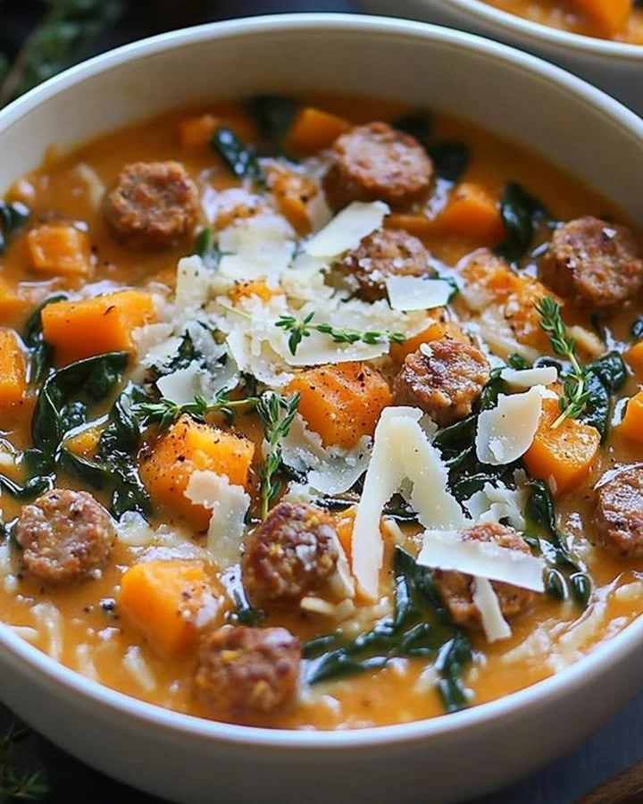 Creamy Italian sausage and butternut squash orzo soup in a bowl.