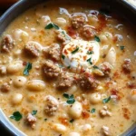 Bowl of creamy Italian sausage and cannellini bean soup garnished with herbs.