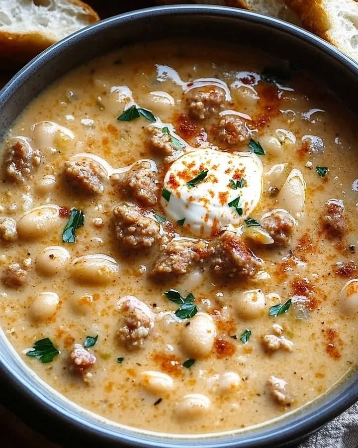 Bowl of creamy Italian sausage and cannellini bean soup garnished with herbs.