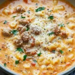 Bowl of creamy Italian sausage soup with vegetables and herbs