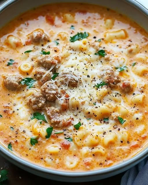 Bowl of creamy Italian sausage soup with vegetables and herbs