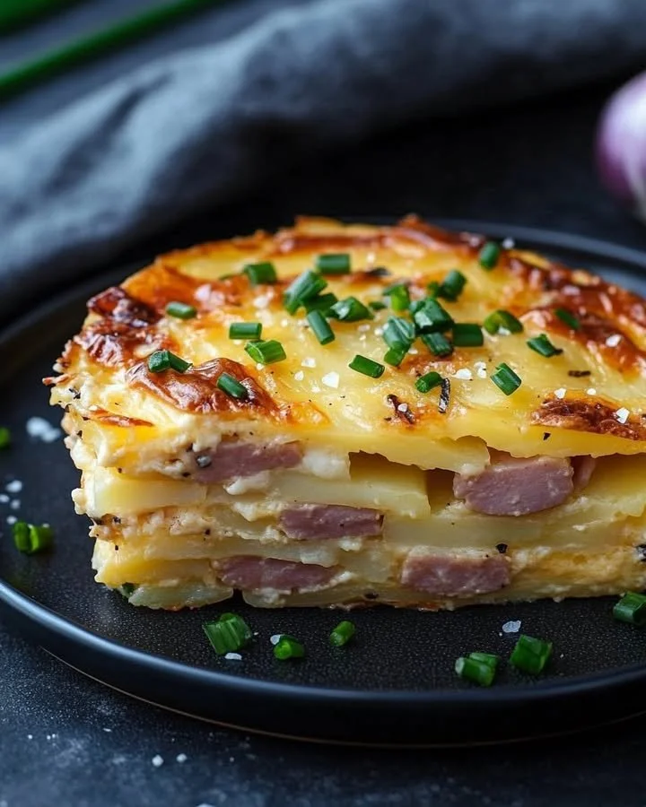 Creamy layered potato bake dish baked to perfection with cheese and herbs.