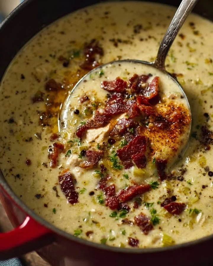 Bowl of creamy leek and mustard soup garnished with fresh herbs